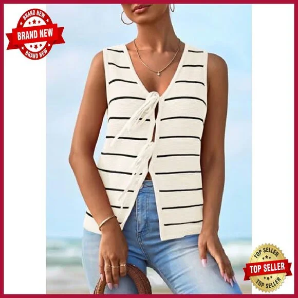 Crochet Knit V-Neck Tie Front Vest Tank Top Summer Beach Outfit